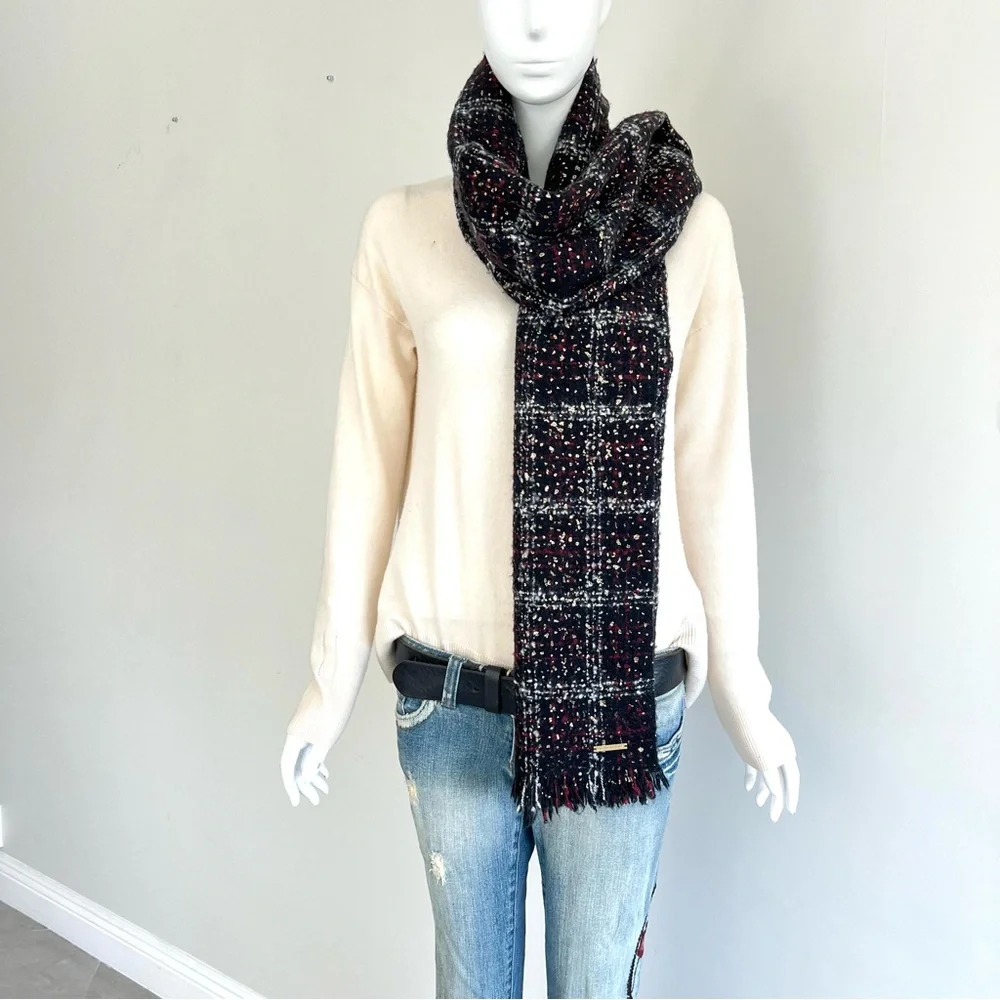 MICHAEL KORS Multicolored Plaid Tweed Gold Foil Knit Soft Long Shawl Wrap Scarf